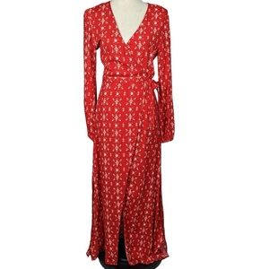 Red Floral Print Long-sleeve Maxi Wrap Dress
